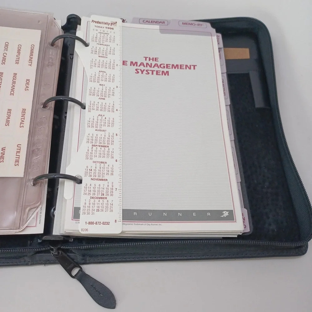 Day Runner Genuine Black‎ Leather Zip Around Organizer Binder Planner Business